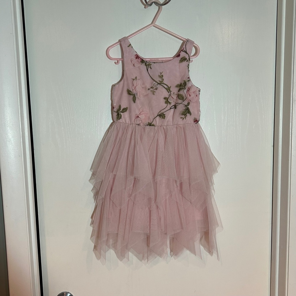 Zunie Girls Pink Floral Embroidered Tulle Tiered Ruffle Party Dress Size 6